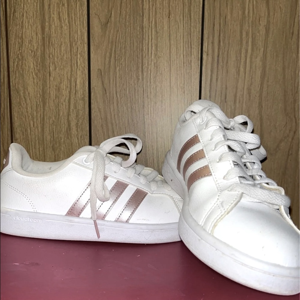 Adidas size 7 white shoes with rose gold stripes